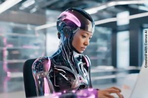 a futuristic robot working behind a futuristic desk