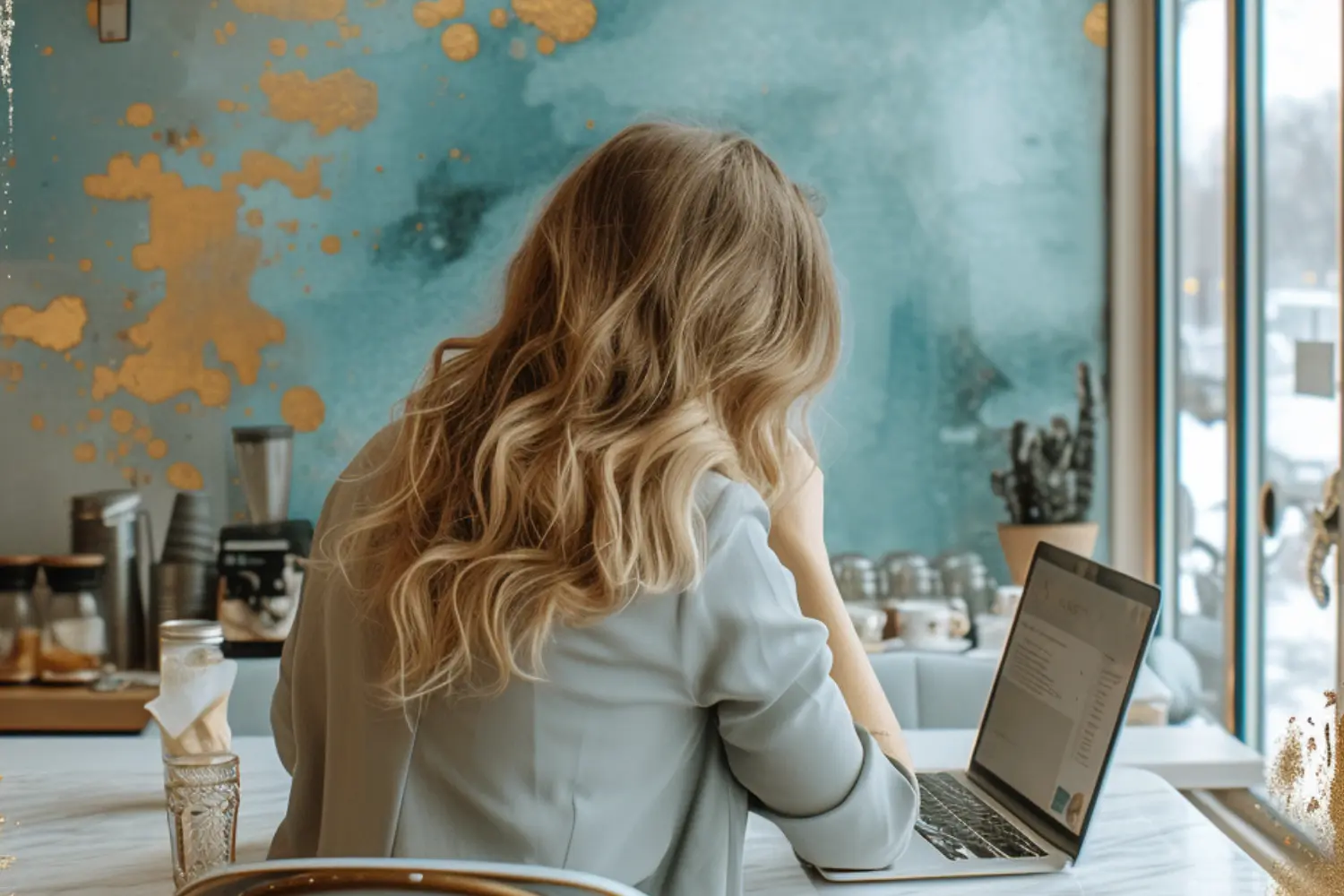 woman sitting behind a computer in a coffee shop