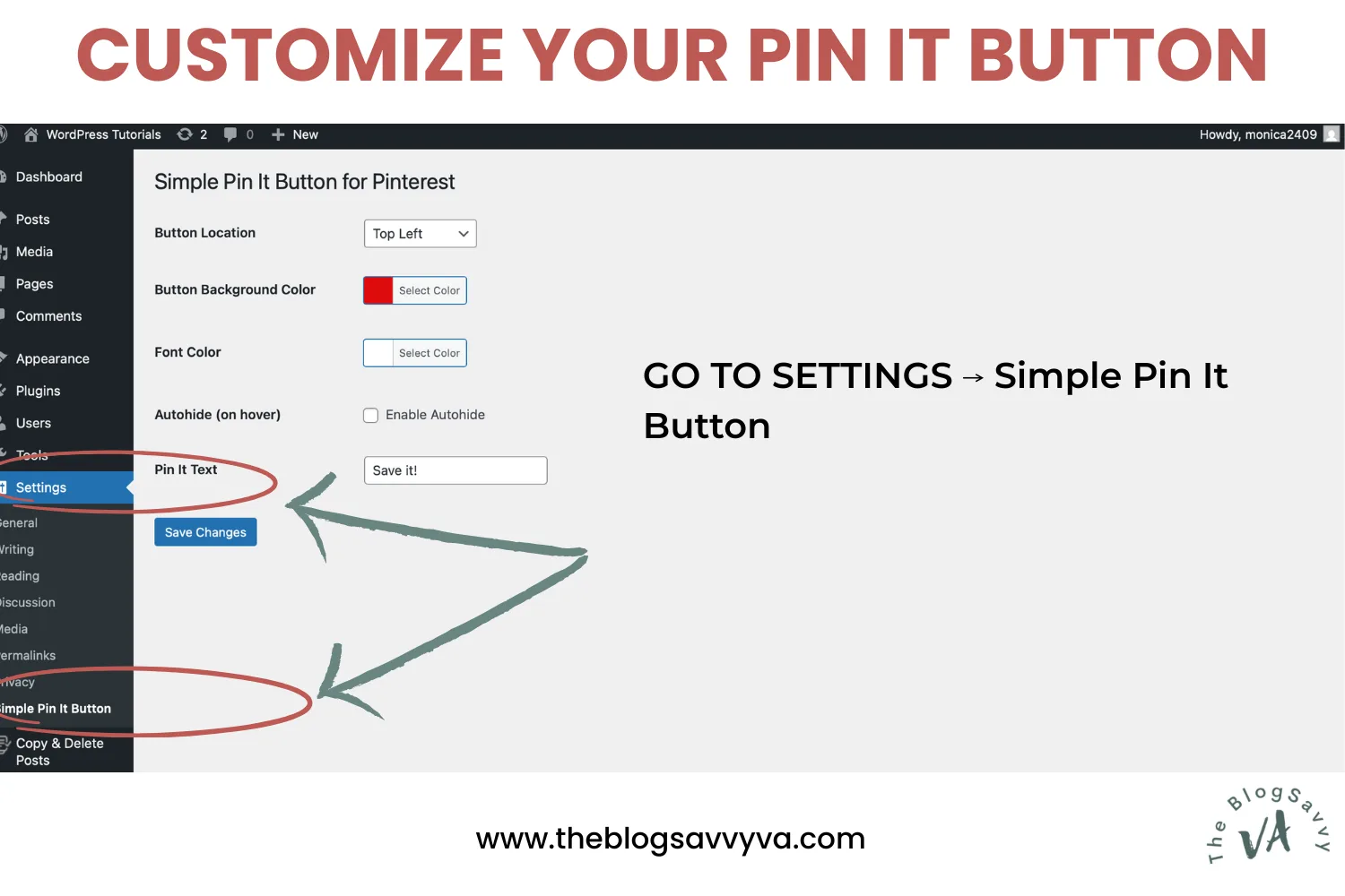 Screenshot, title reads Customize your Pin It button