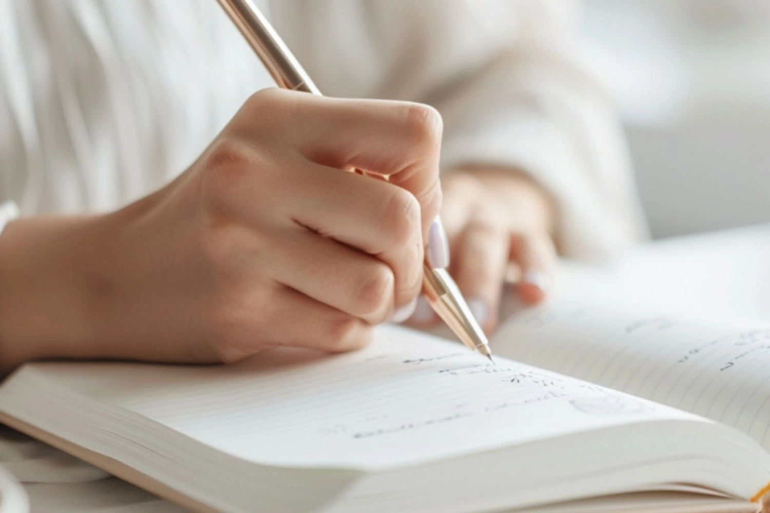 a closeup of a woman's hand writing in a notebook