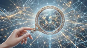 a hand with a magnifying glass and a wast net of data